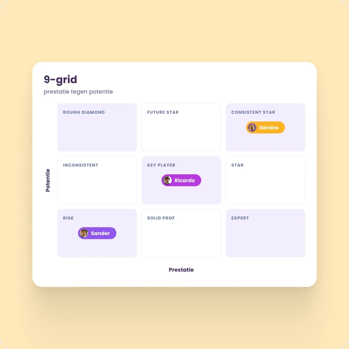 9-grid met prestatie tegen potentie per medewerker