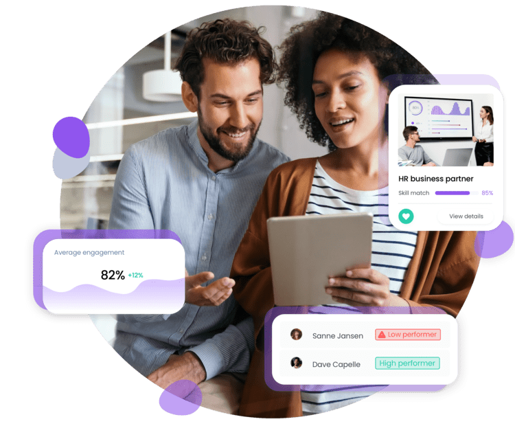 Main-learned-3 Twee HR Managers kijken naar een tablet in de Learned app naar het overzicht van de prestaties van de medewerkers