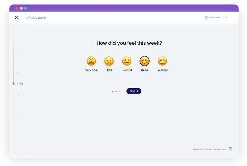 Learned UI pulse survey with emojis for short monthly Employee happiness surveys